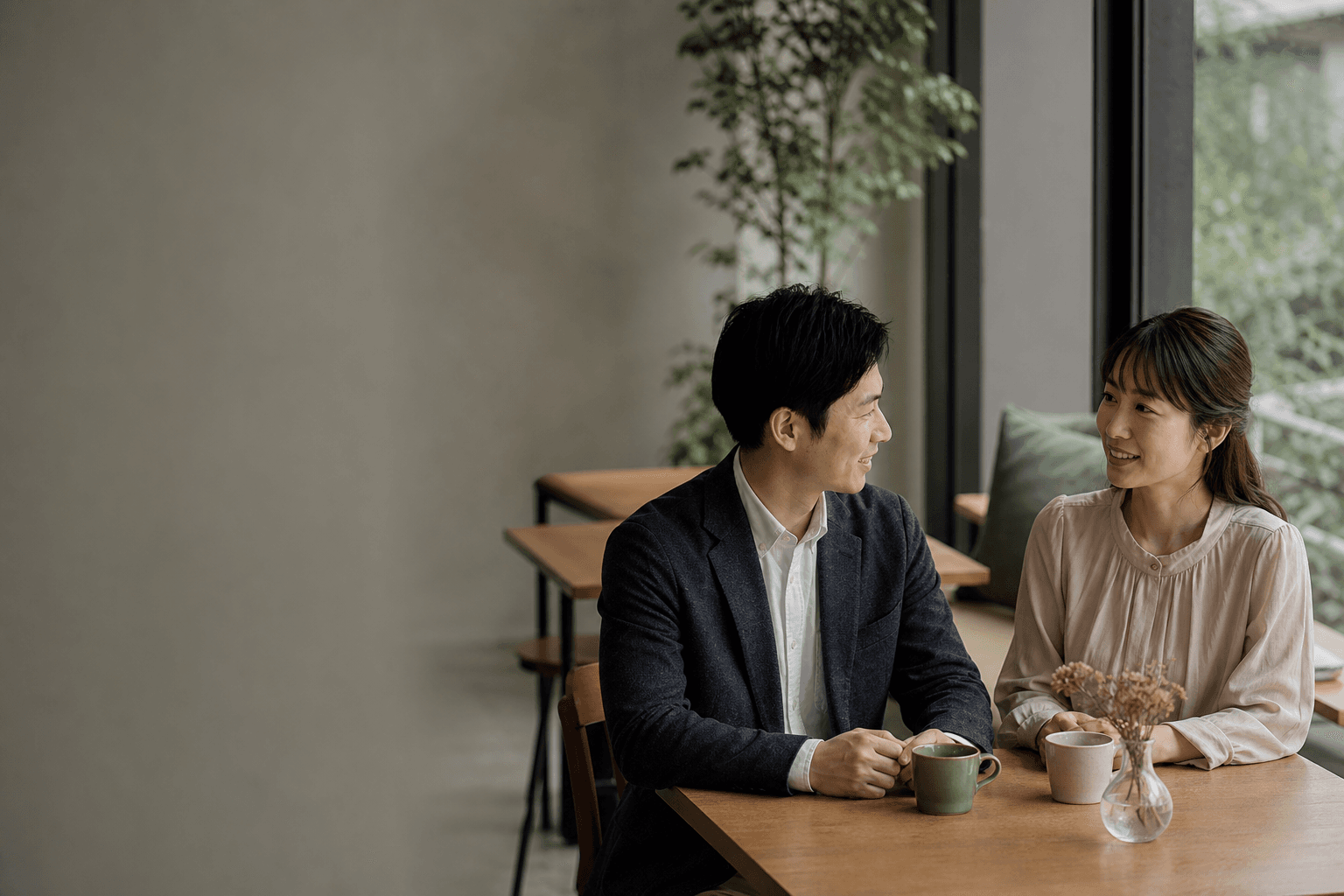 落ち着いたカフェで将来について話す男女