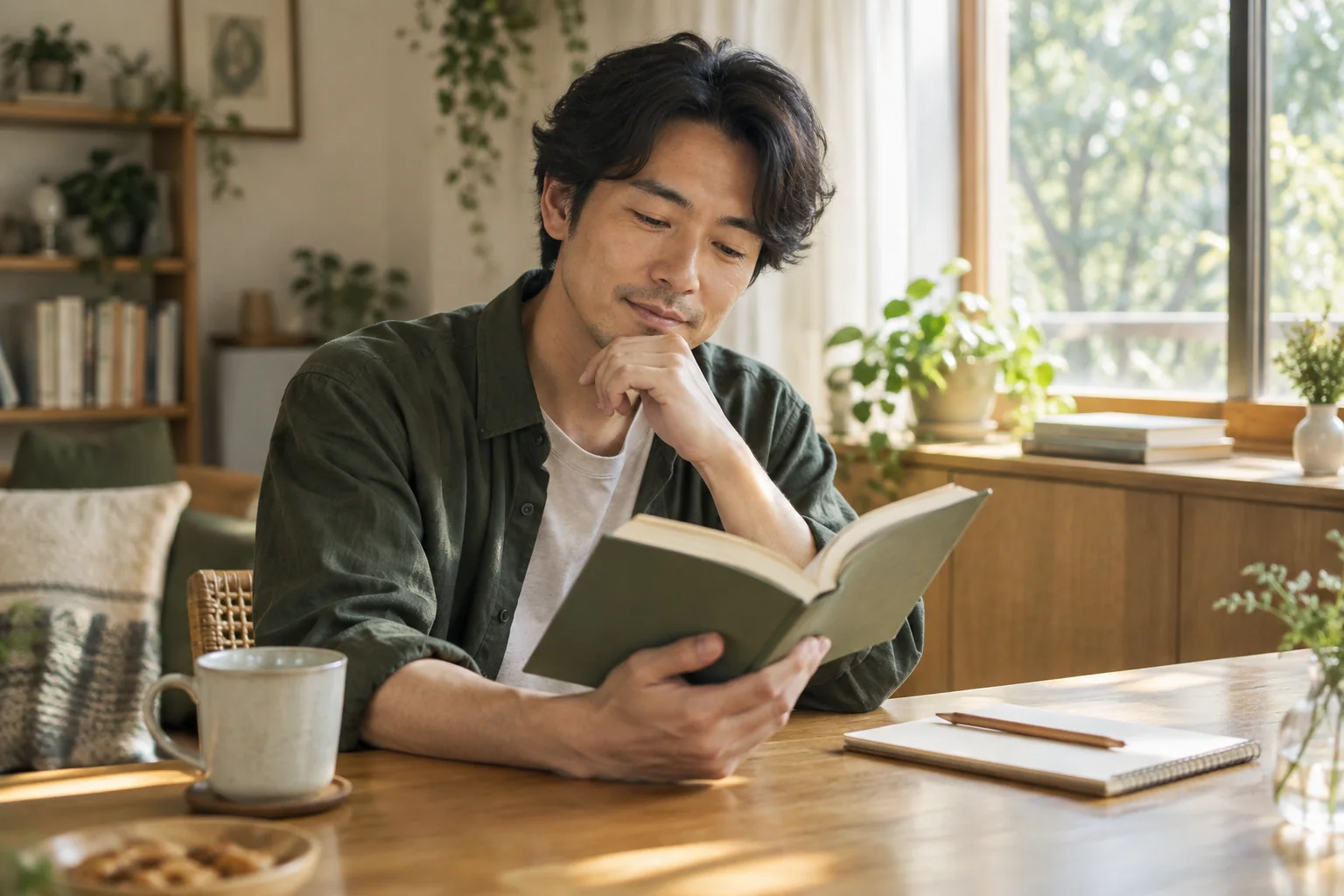 窓辺で本を開き、落ち着いて読み進める男性のイメージ