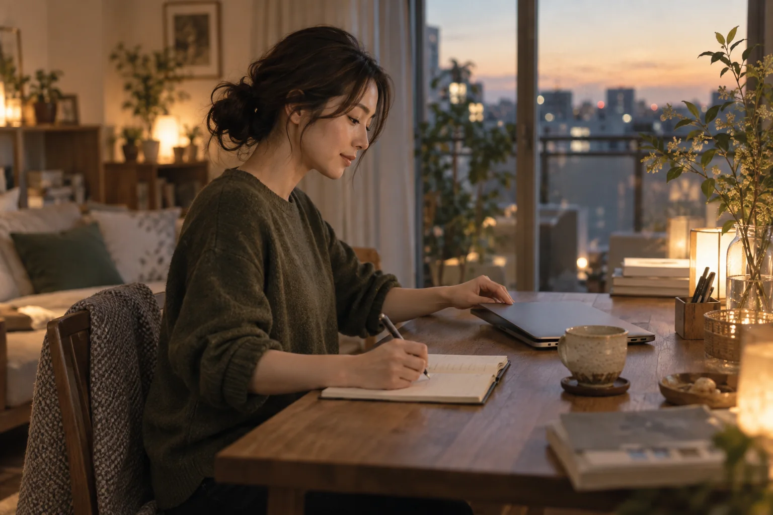 仕事を終え、自宅でノートに予定を書き留める女性のイメージ