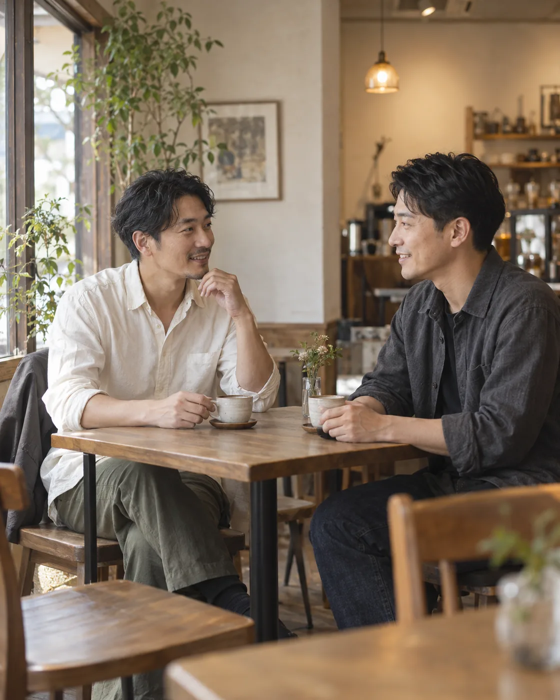 カフェで向かい合って話す二人の男性